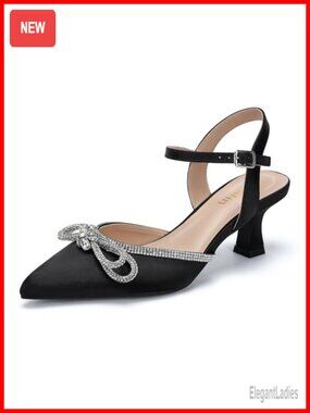 Wide Width Kitten Heels Rhinestone Bow Pointed Toe Pumps Ankle Strap Dress Shoes